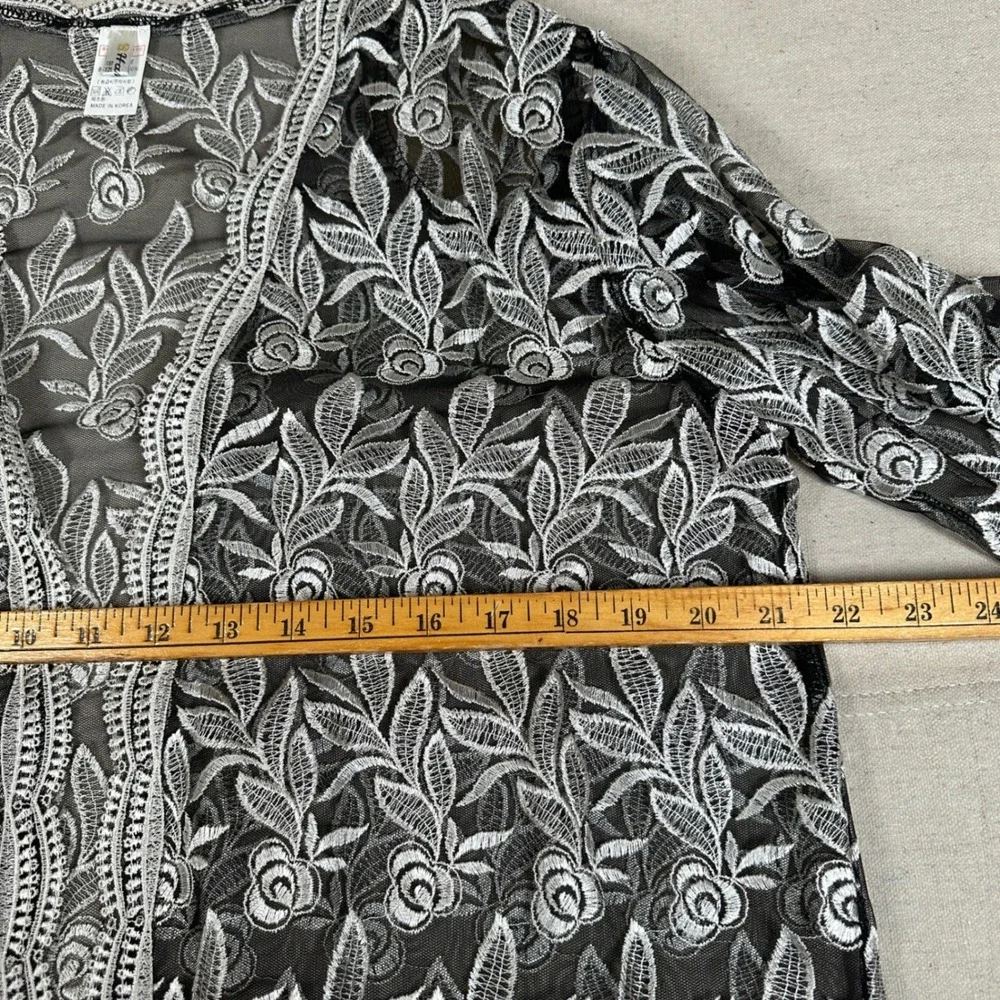 Black White Floral Lace Sheer Open Front Kimono Cardigan Korea Gothic Embroidery